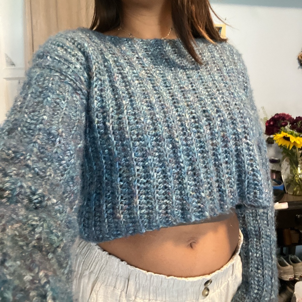 Blue Cropped Crocheted Sweater